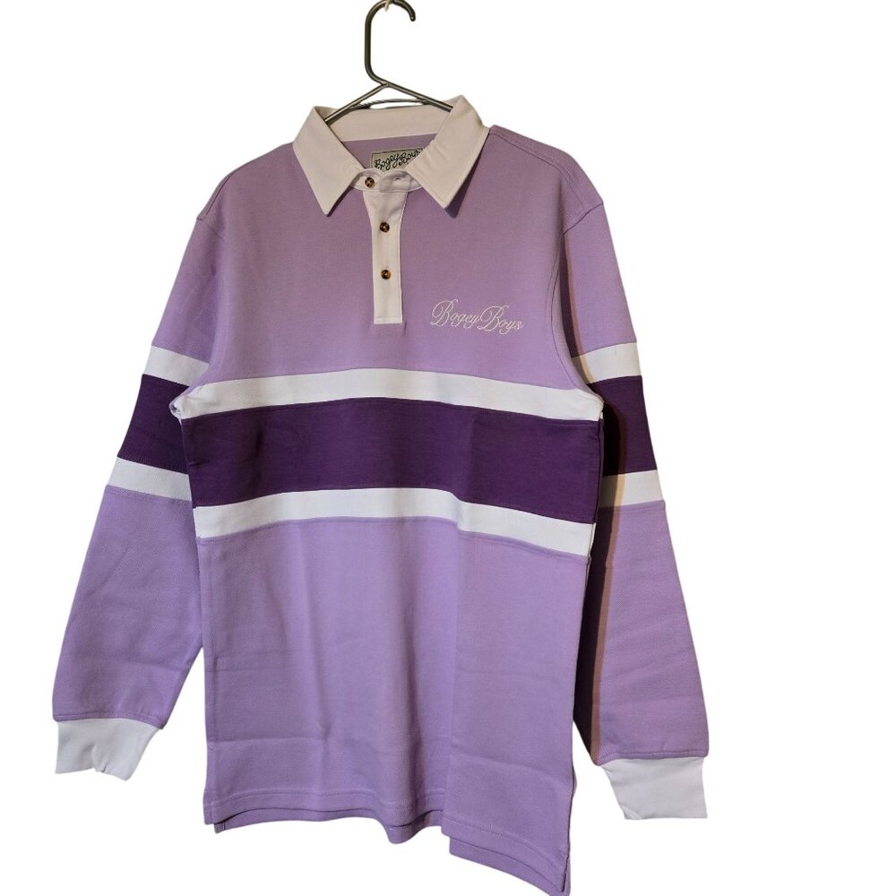 Bogey‎ Boys Men's MD Golf Purple/White Striped Long Sleeve Polo Shirt Outdoorsy
